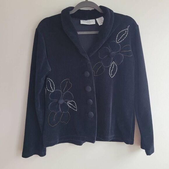 Vintage 80s black corduroy floral beaded embroidered blazer jacket button front - Picture 1 of 9